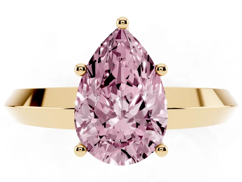 Fancy Pink Pear Cut Diamond Solitaire Engagement Ring Set in Yellow gold with Flat Band and Prong Setting
