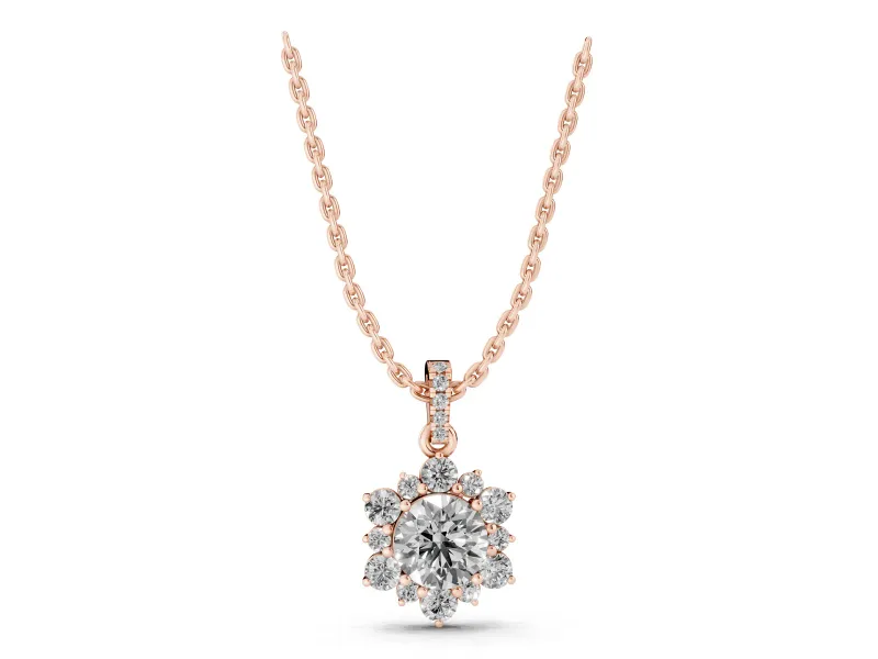 Round Lab-Grown Diamond Floral Cluster Pendant Necklace | Pavé Bail | Rose Gold