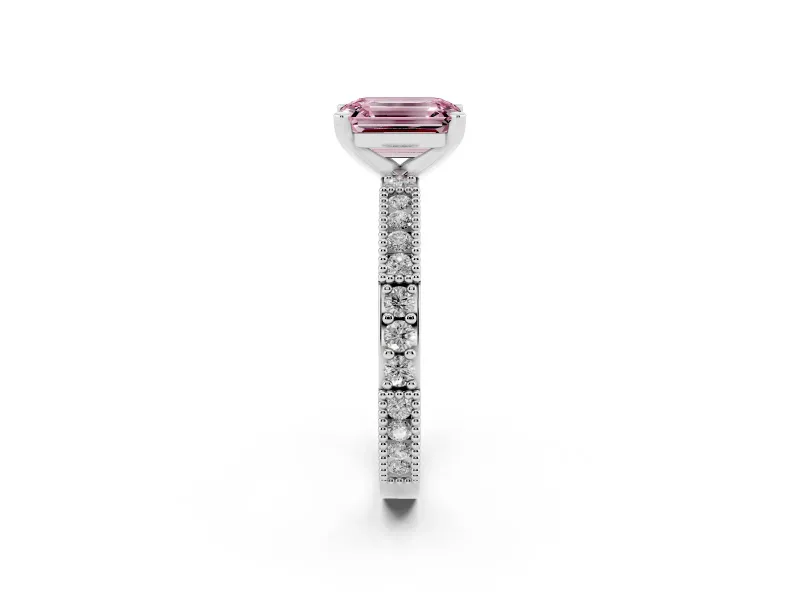 Fancy Pink Emerald Cut Diamond Solitaire Ring Set in White gold with Slim Pavé Band and Prong Setting
