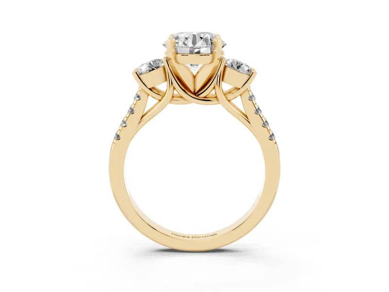 Three-Stone Round Cut Diamond Pavé Band Ring Set in Yellow gold with Prong-Set Trio