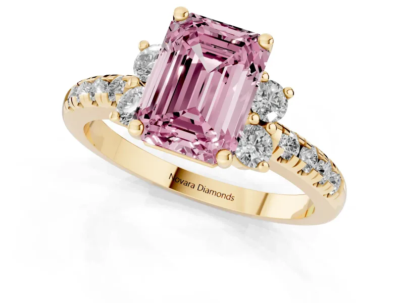 Emerald Cut Side Stone Engagement Ring Setting for a Fancy Pink Lab-Grown Diamond | Pave Band | Yellow Gold