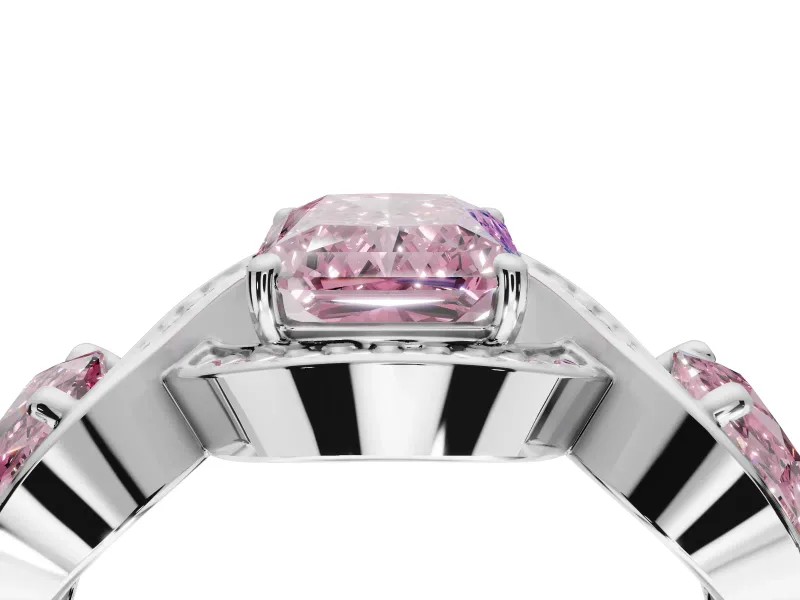 Radiant Cut Three Stone Engagement Ring Setting for a Fancy Pink Lab-Grown Diamond | Pavé Wave Band | Sterling Silver
