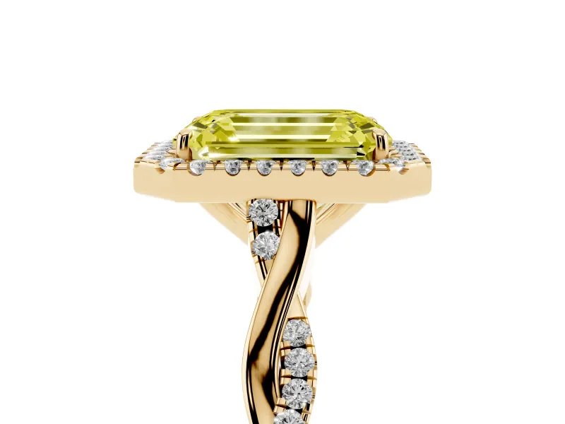 Emerald Cut Twist Halo Engagement Ring Setting for a Fancy Yellow Lab-Grown Diamond | Yellow Gold