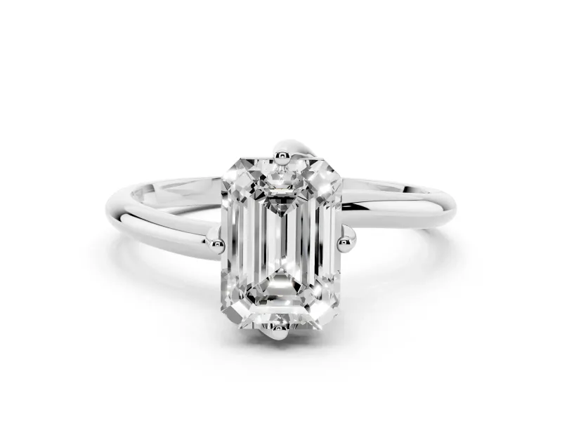 Emerald Cut Diamond Solitaire Engagement Ring Set in Silver with Classic Plain Band