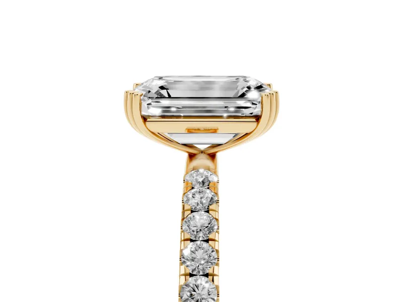 Emerald Cut Pave Solitaire Engagement Ring Setting | Double Claw Prongs | Yellow Gold