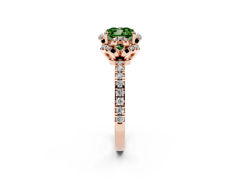 Fancy Green Cushion Cut Diamond Halo Pavé Band Ring Set in Rose gold with Prong-Held Center