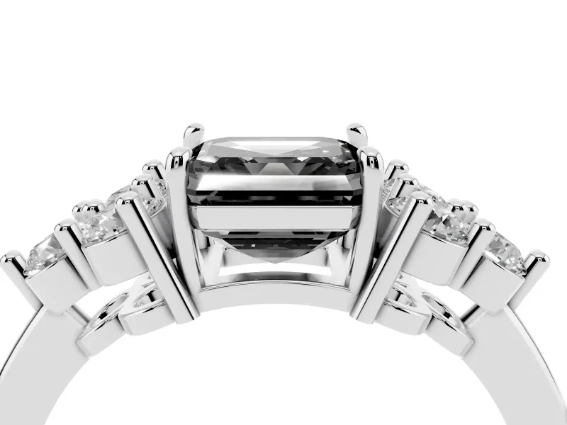 Fancy Black Asscher Cut Diamond Solitaire Ring Set in White gold with Cluster Accents on Each Side