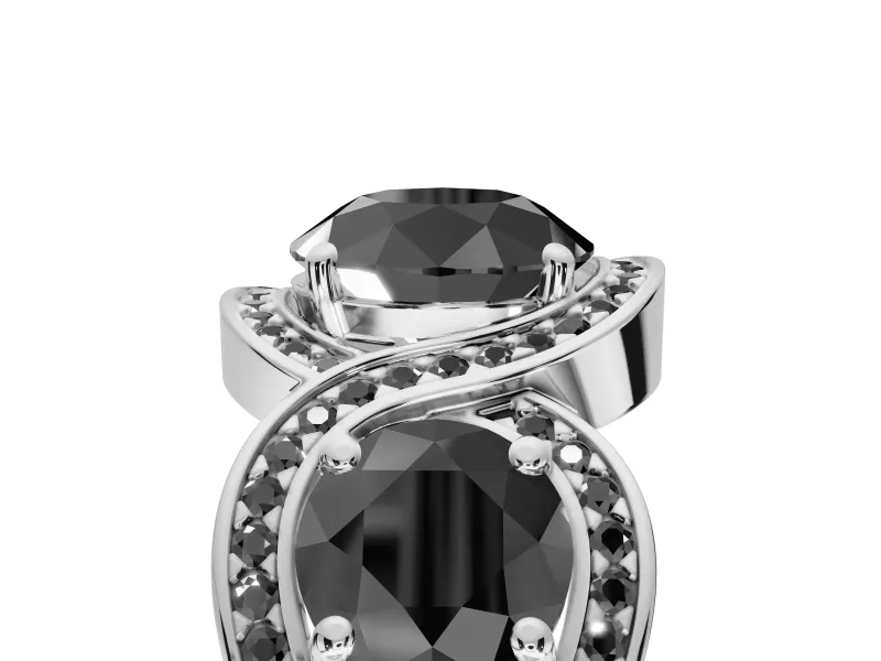 Round Three Stone Halo Engagement Ring Setting for a Black Center | Pavé Wave Band | White Gold