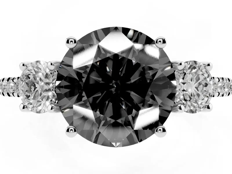 Fancy Black Round Cut Diamond Three-Stone Ring Set in White gold with Pavé Band and Graduated Sides