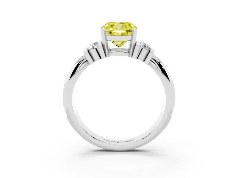 Fancy Yellow Three-Stone Cushion Cut Diamond Channel Set Ring Set in White gold with Bar Prongs