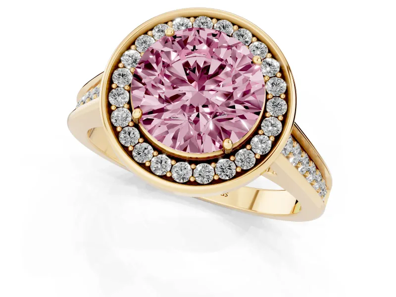 Fancy Pink Round Cut Diamond Halo Solitaire Ring Set in Yellow gold with Pavé Band and Bezel Setting