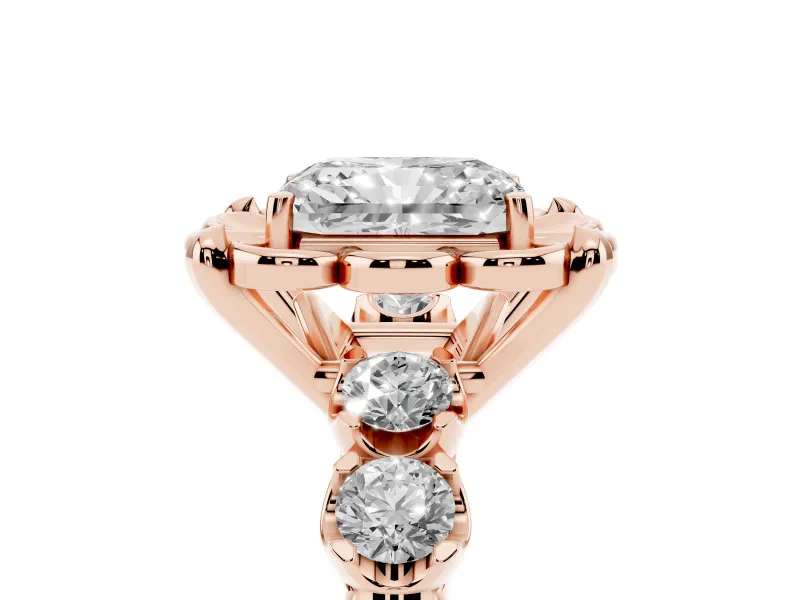 Radiant Cut Floral Engagement Ring Setting | Petal Frame and Side Stones | Rose Gold
