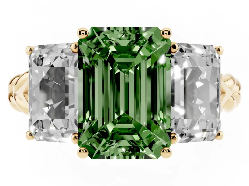 Fancy Green Emerald Cut Diamond Three-Stone Ring Set in Yellow gold with Braided Band