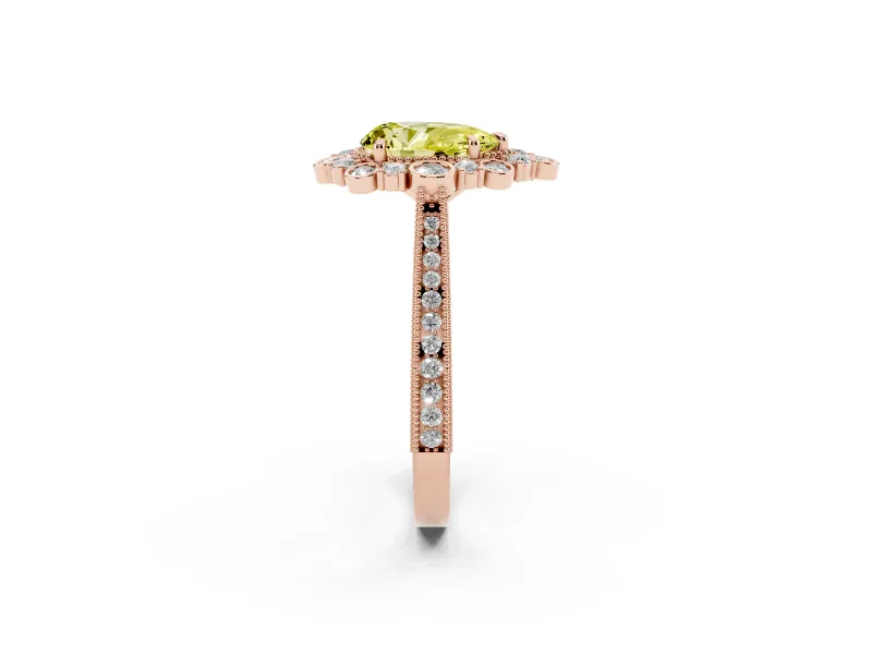Fancy Yellow Pear Cut Diamond Halo Milgrain Pavé Ring Set in Rose gold with Prong Setting