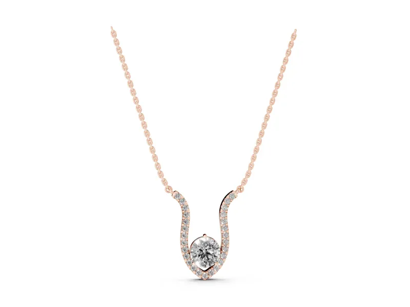 Round Lab-Grown Diamond Open Pavé Frame Pendant Necklace | Pointed U Frame | Rose Gold