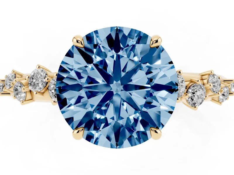Fancy Blue Round Cut Diamond Cluster Solitaire Ring Set in Yellow gold with Prong Setting