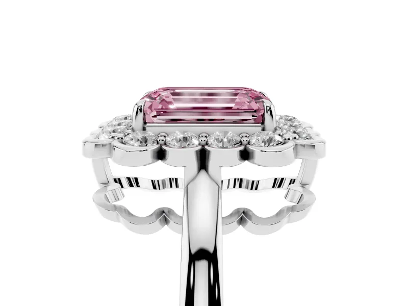 Emerald Cut Scalloped Cluster Halo Engagement Ring Setting for a Fancy Pink Lab-Grown Diamond | Plain Band | White Gold