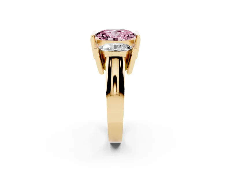 Fancy Pink Oval Cut Diamond Three-Stone Channel Set Ring Set in Yellow gold with Smooth Polished Band