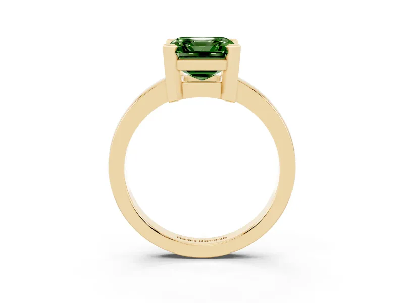Fancy Green Asscher Cut Diamond Solitaire Ring Set in Yellow gold with Prong Head and Smooth Polished Band