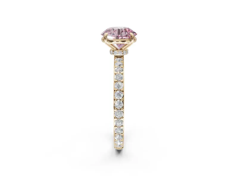 Round Hidden Halo Engagement Ring Setting for a Fancy Pink Lab-Grown Diamond | Pavé Band | Yellow Gold