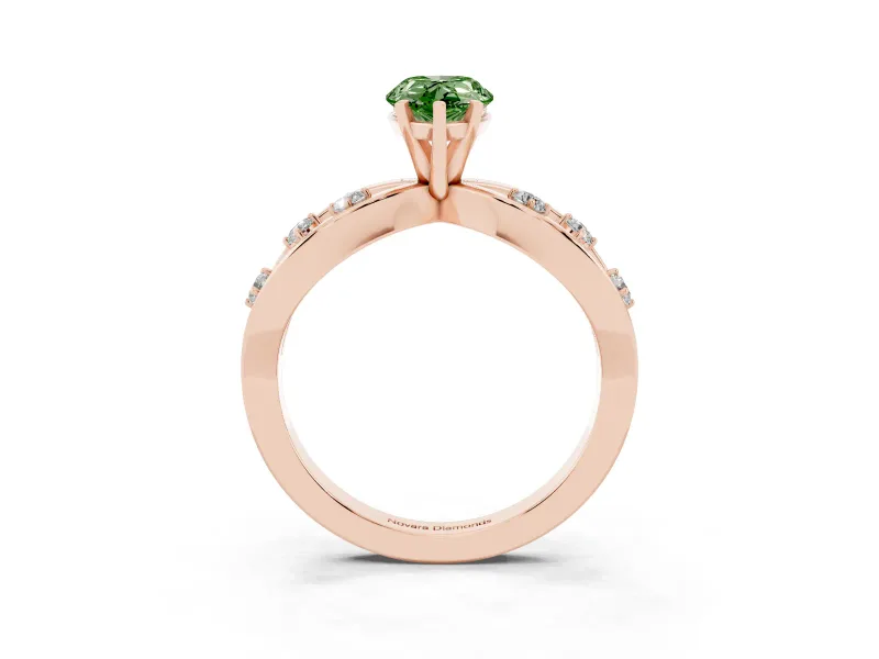 Fancy Green Pear Cut Diamond Solitaire Ring Set in Rose gold with Side Stones on Criss-Cross Band and Prong Setting