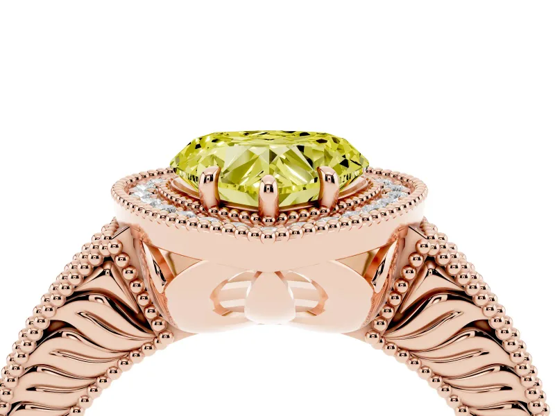 Fancy Yellow Heart Cut Diamond Halo Ring Set in Rose gold with Round Accent Halo, Pavé Band and Prong Setting