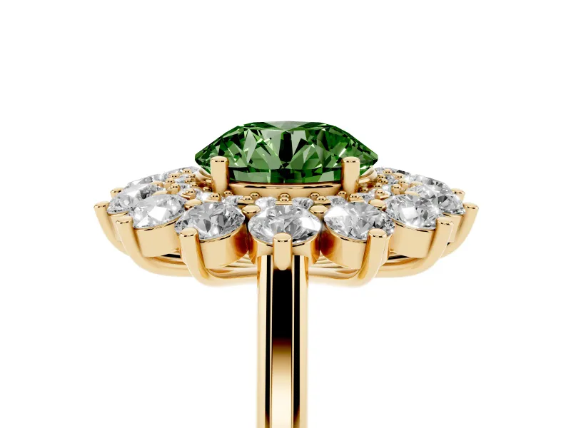 Round Floral Double Halo Engagement Ring Setting for a Fancy Green Lab-Grown Diamond | Plain Band | Yellow Gold
