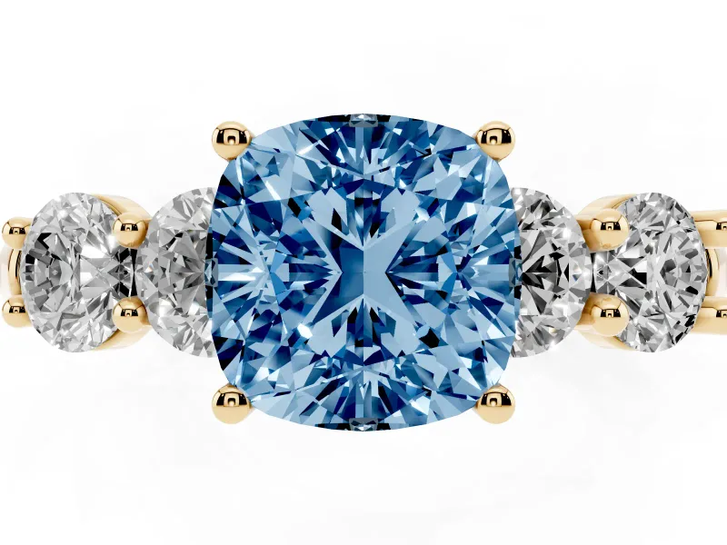 Cushion Cut Five Stone Engagement Ring Setting for a Fancy Blue Lab-Grown Diamond | Prong Set Side Stones | Yellow Gold