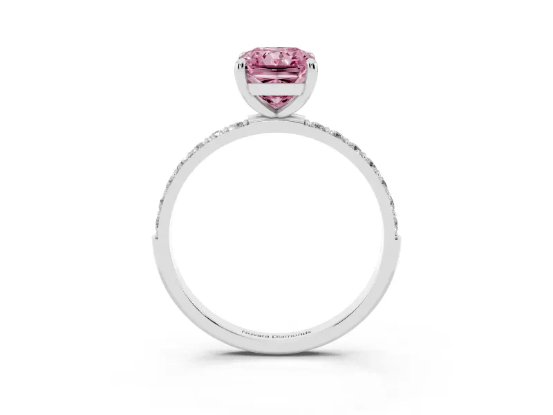 Fancy Pink Radiant Cut Diamond Solitaire Ring Set in Platinum with Round Pavé Band and Prong Setting