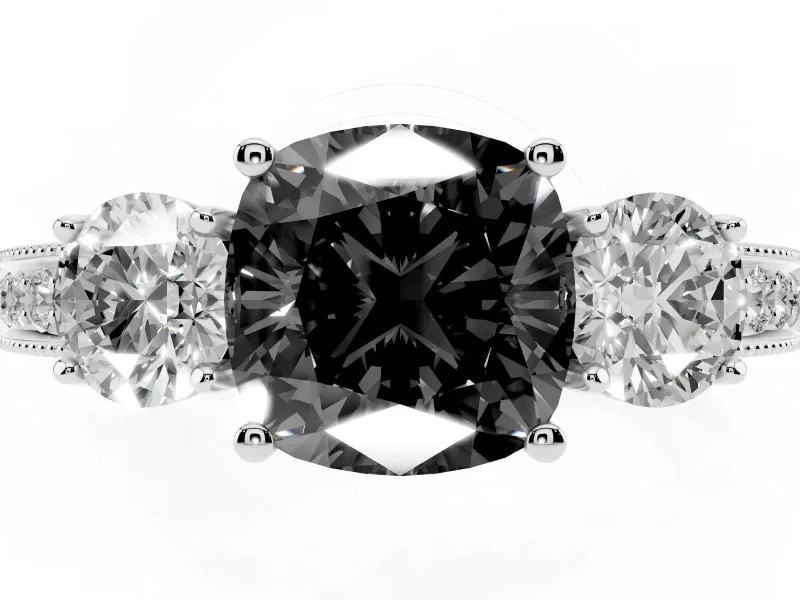 Fancy Black Cushion Cut Diamond Three-Stone Ring Set in Platinum with Round Side Stones and Pavé Band