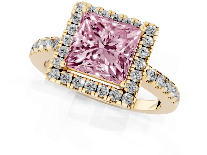 Princess Cut Halo Engagement Ring Setting for a Fancy Pink Lab-Grown Diamond | Shared Prong Pavé Band | Yellow Gold