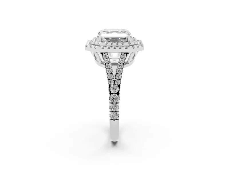 Asscher Cut Double Halo Split Shank Engagement Ring Setting | Pavé Shoulders | Platinum