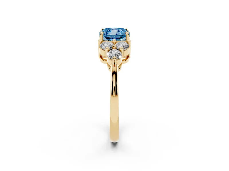 Cushion Cut Cluster Side Stone Engagement Ring Setting for a Fancy Blue Lab-Grown Diamond | Plain Band | Yellow Gold