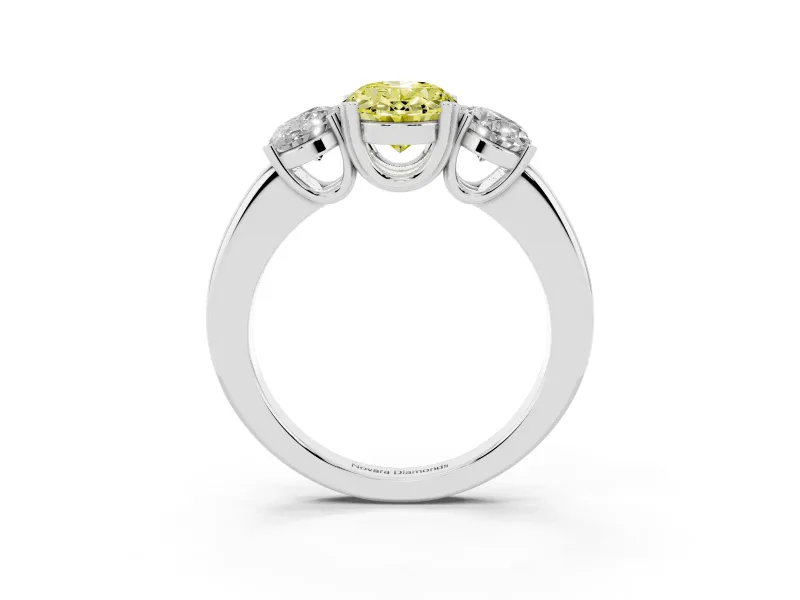 Fancy Yellow Oval Cut Diamond Three-Stone Ring Set in White gold with Polished Band and Prong Setting