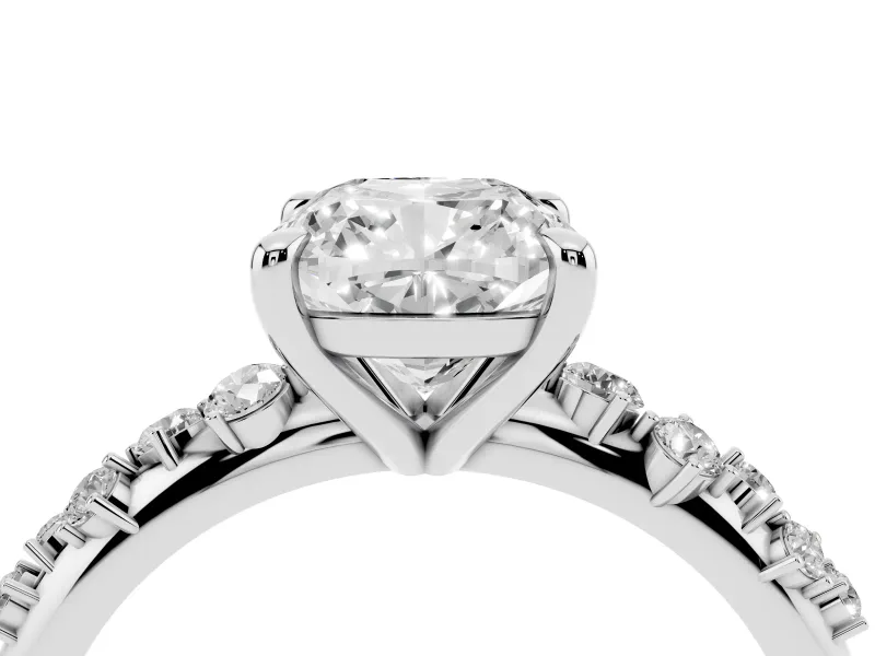 Cushion Cut Diamond Solitaire Vine Band Ring Set in Platinum with Round Accents and Prong Setting