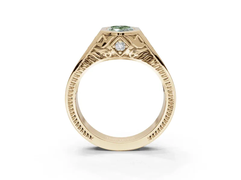 Marquise Vintage Bezel Engagement Ring Setting for a Fancy Green Lab-Grown Diamond | Engraved Band | Yellow Gold