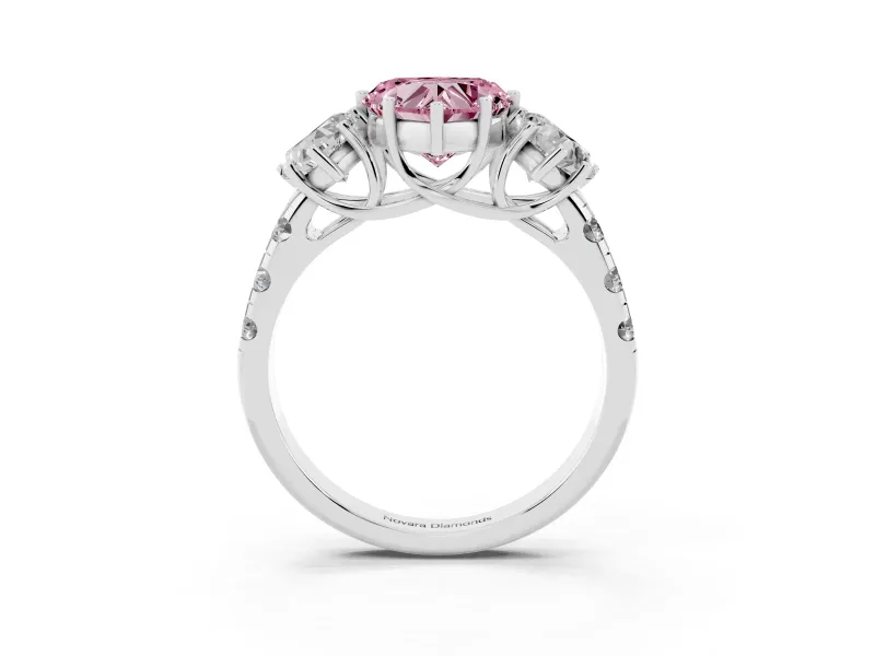 Fancy Pink Heart Cut Diamond Three-Stone Ring Set in Silver with Pavé Band