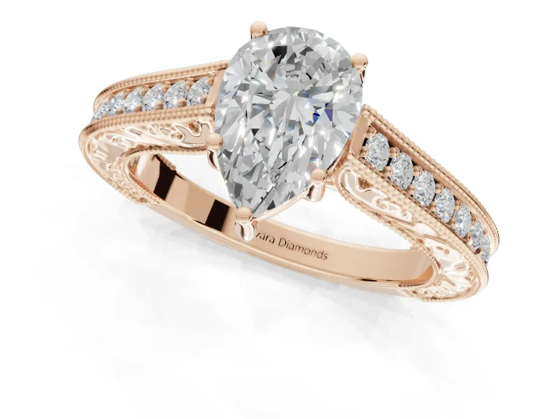 Pear-Shaped Vintage Engraved Pavé Engagement Ring Setting | Milgrain Edges | Rose Gold