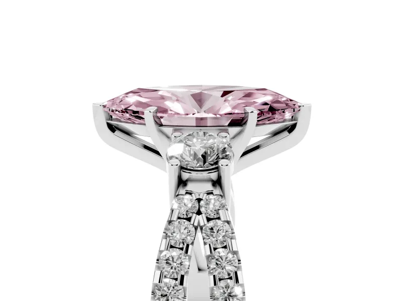 Fancy Pink Marquise Cut Diamond Three-Stone Ring Set in White gold with Pavé Split Shank and Prong Setting