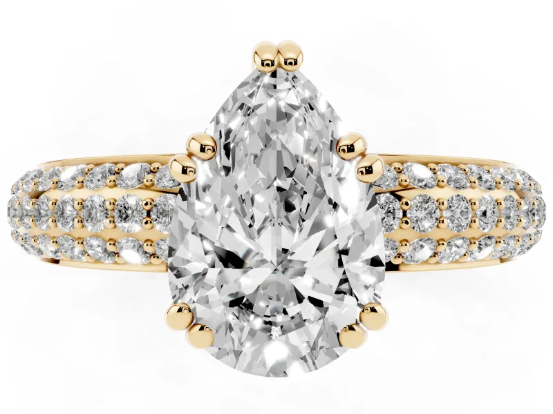 Pear Cut Diamond Solitaire Ring Set in Yellow gold with Multi-Row Round Pavé Band and Prong Setting