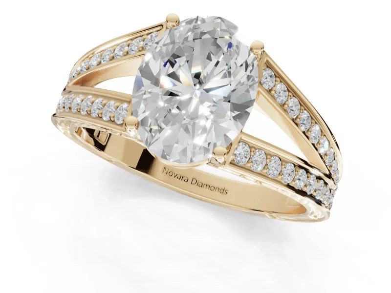 Oval Split Shank Pavé Engagement Ring Setting | Engraved Leaf Sides | Yellow Gold