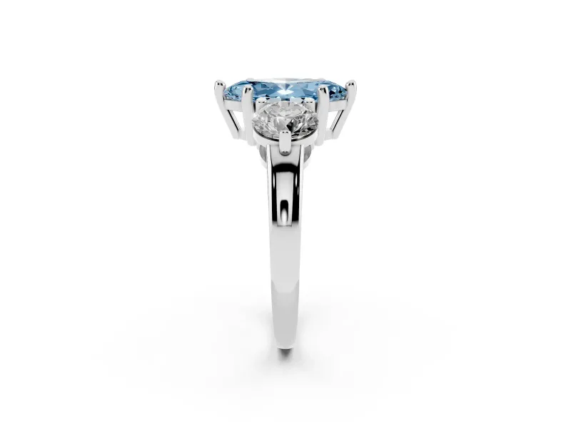 Fancy Blue Marquise Cut Diamond Three-Stone Ring Set in Platinum with Prong Setting and Classic Band