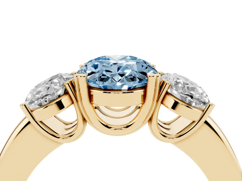 Oval Three Stone Engagement Ring Setting for a Fancy Blue Lab-Grown Diamond | Double Claw Head | Yellow Gold