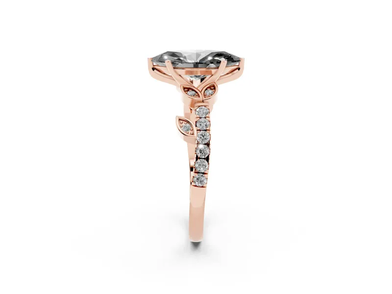Fancy Black Marquise Cut Diamond Solitaire Leaf-Inspired Ring Set in Rose gold with Pavé Band and Prong Setting