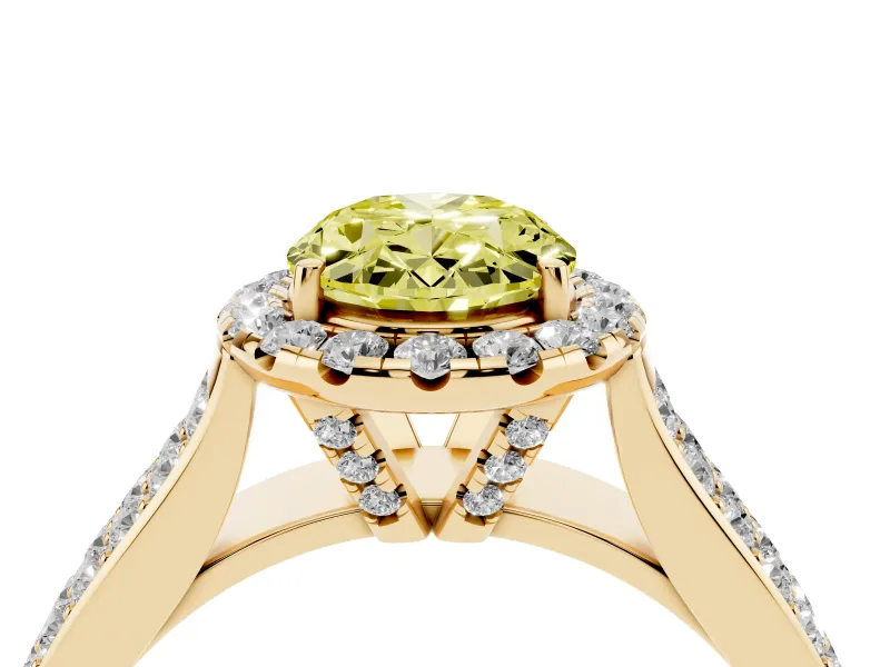 Fancy Yellow Oval Cut Diamond Halo Ring Set in Yellow gold with Pavé Band and Raised Center Setting