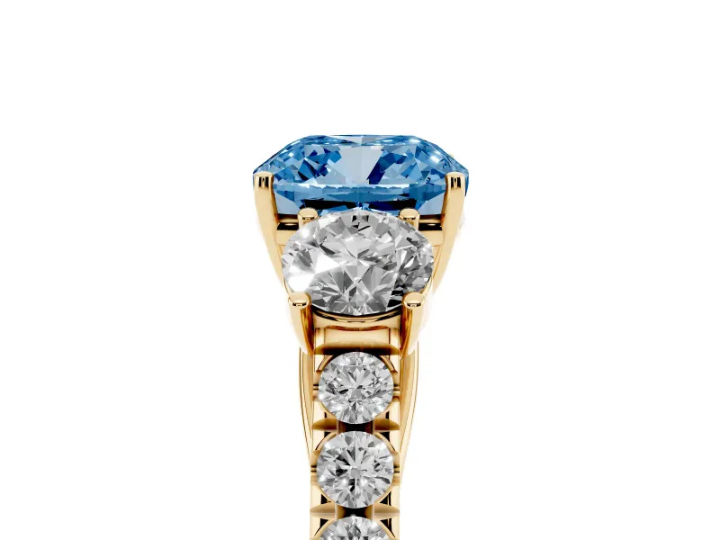 Cushion Cut Engagement Ring Setting for a Fancy Blue Lab-Grown Diamond | Three Stone | Yellow Gold