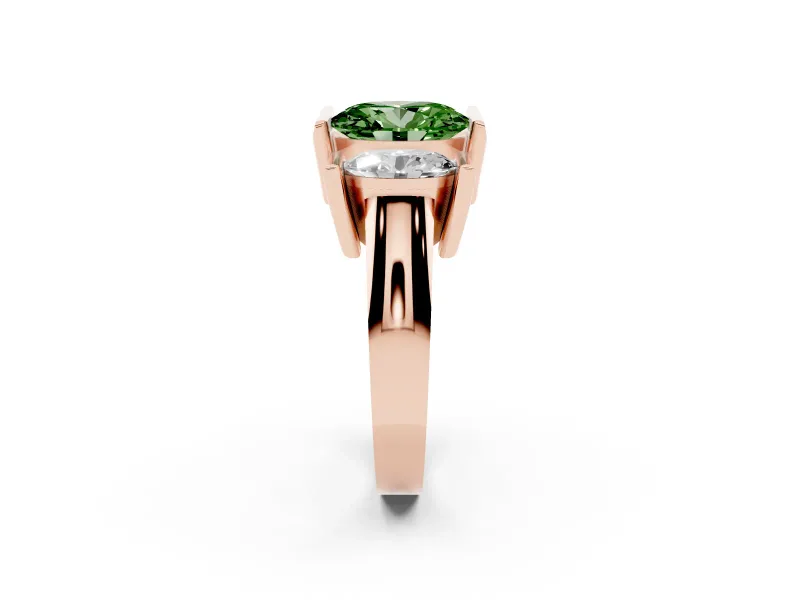 Fancy Green Oval Cut Diamond Three-Stone Channel Set Ring Set in Rose gold with Smooth Polished Band