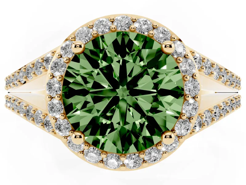 Round Halo Engagement Ring Setting for a Fancy Green Lab-Grown Diamond | Pave Split Shank | Yellow Gold