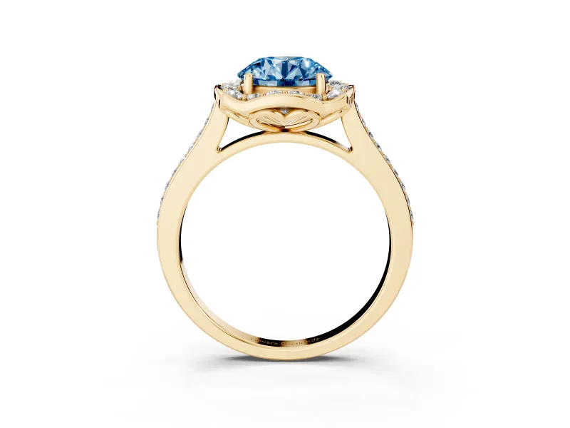 Round Halo Engagement Ring Setting for a Fancy Blue Lab-Grown Diamond | Petal Tips | Yellow Gold