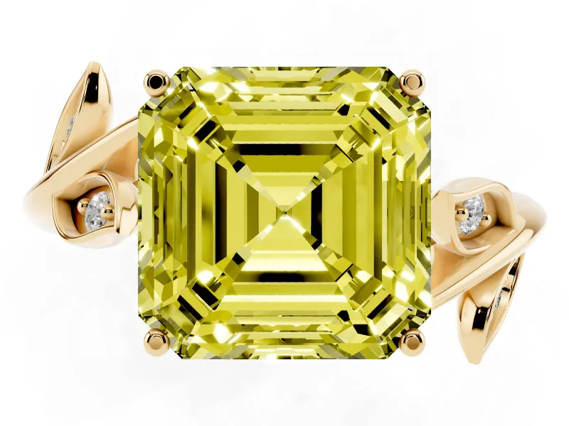 Asscher Cut Twisted Bypass Engagement Ring Setting for a Fancy Yellow Lab-Grown Diamond | Accented Leaves | Yellow Gold